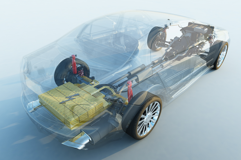 Electronic car tires and engine inside of transparent vehicle